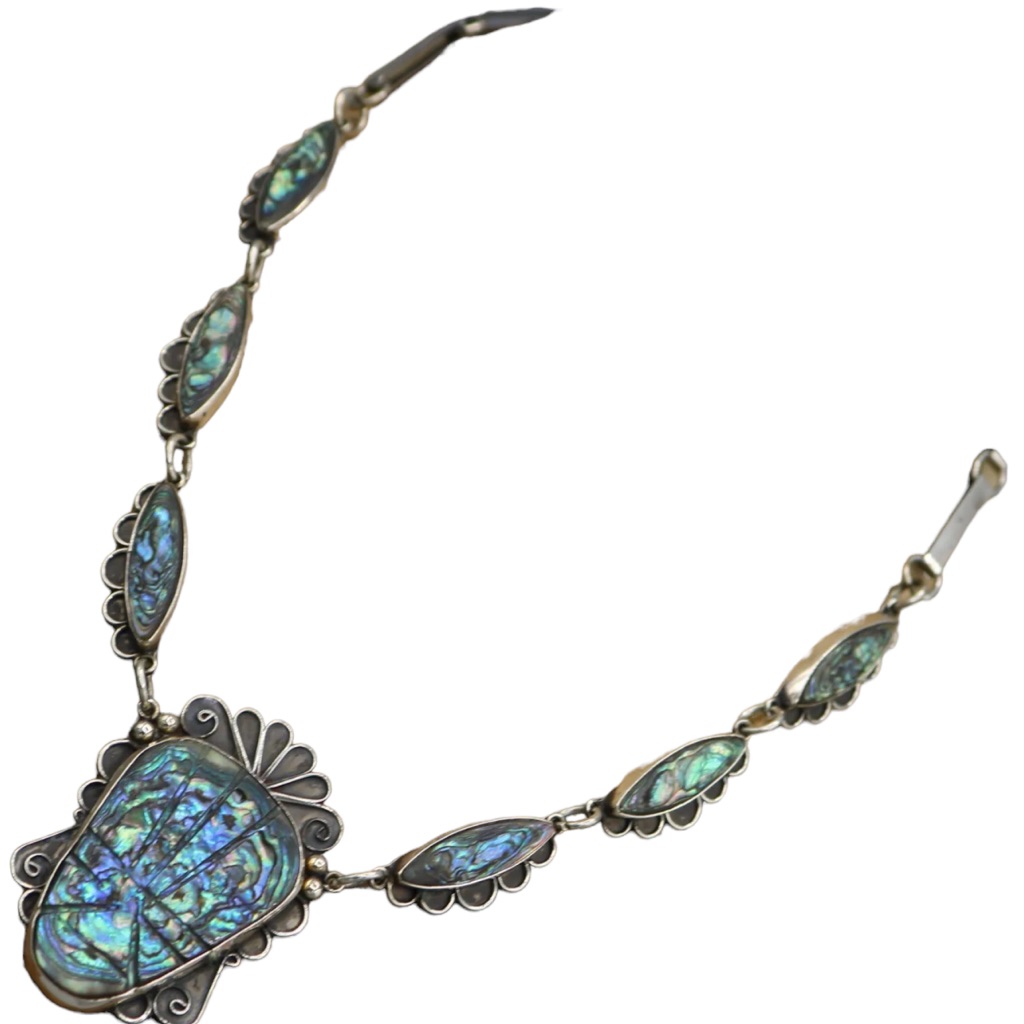 Pre-1948 Gustavo Martinez Mexico Sterling & Abalone Deco-Aztec Necklace Taxco